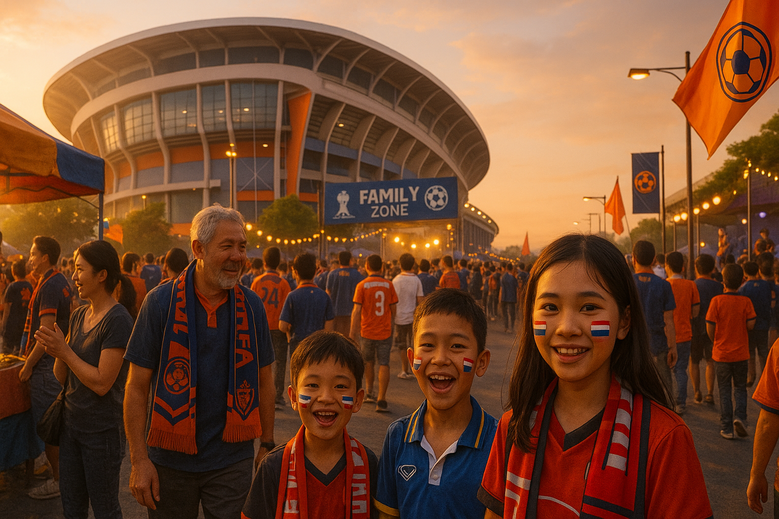 บรรยากาศแฟนบอลไทยหน้าสนามฟุตบอล มีกิจกรรม ร้านอาหาร และโซนเชียร์บอลแบบครอบครัว